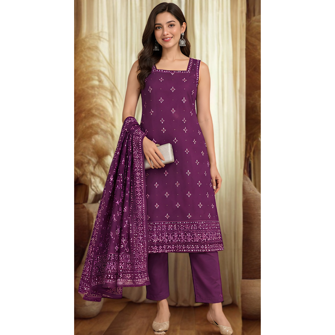Women’s Purple Printed 3-Piece Ethnic Suit Set with Dupatta