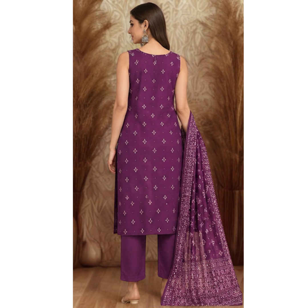 Women’s Purple Printed 3-Piece Ethnic Suit Set with Dupatta