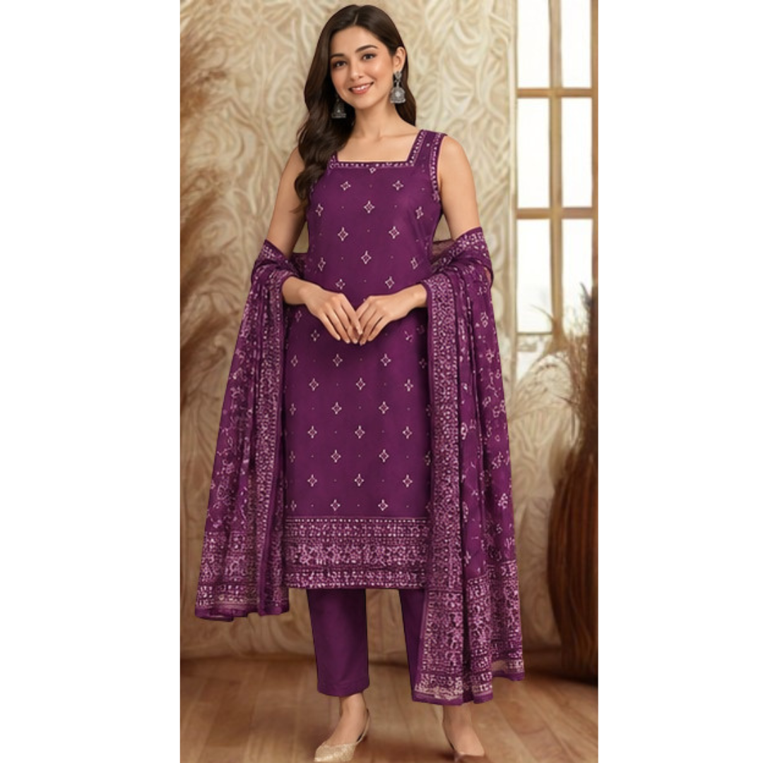 Women’s Purple Printed 3-Piece Ethnic Suit Set with Dupatta
