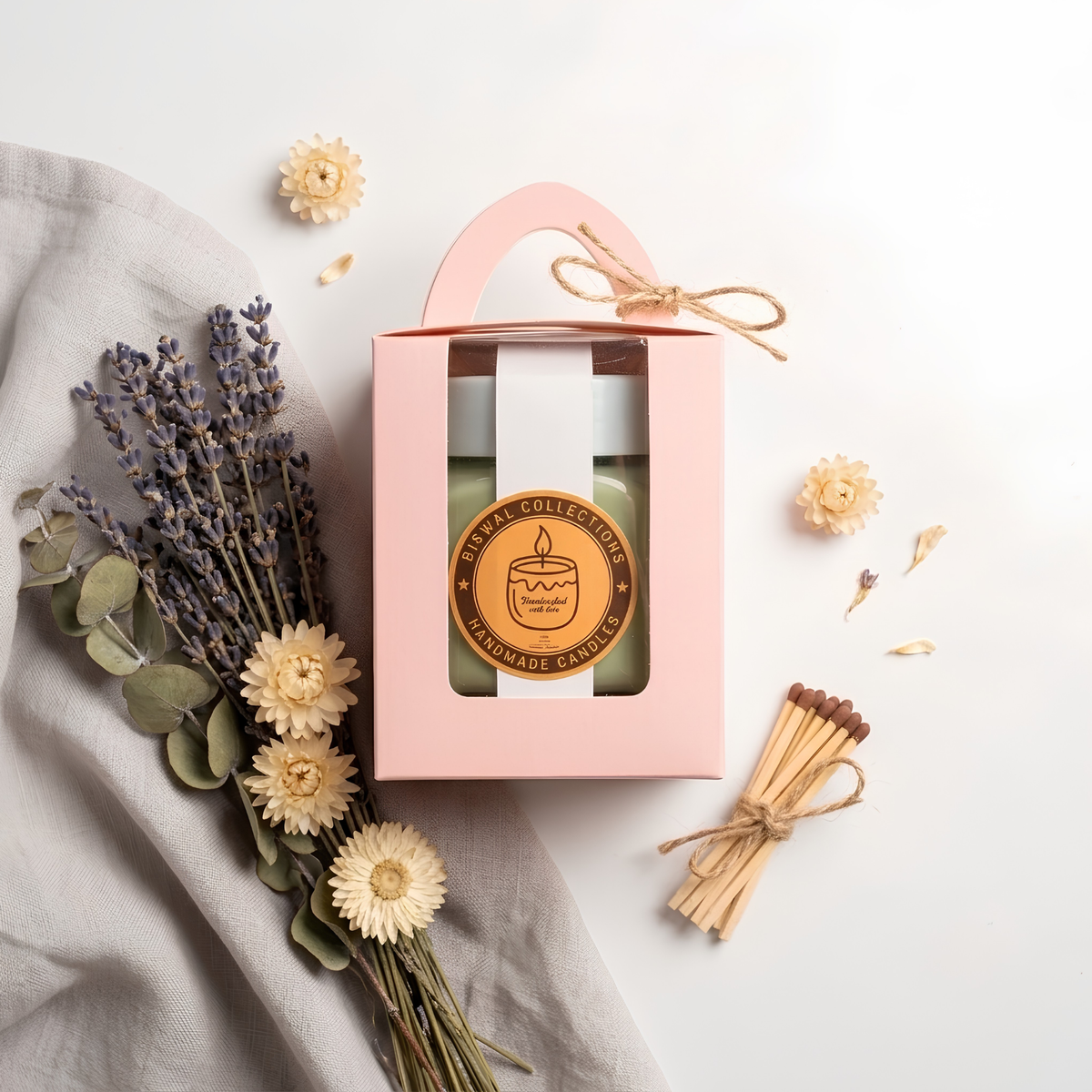 Biswal Collections Handmade Scented Candle Gift Box - Hand-Poured Glass Jar Candle with Lid