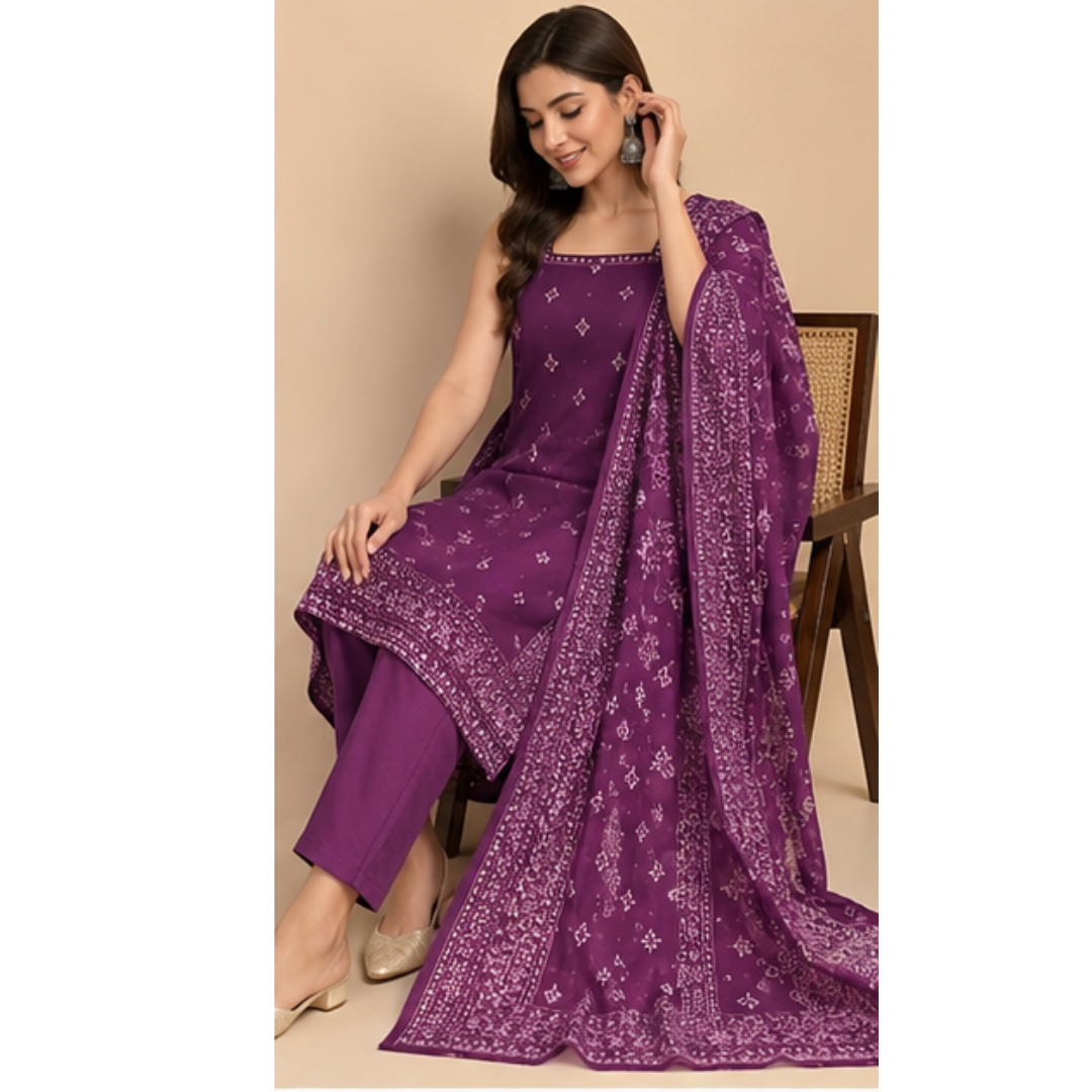 Women’s Purple Printed 3-Piece Ethnic Suit Set with Dupatta