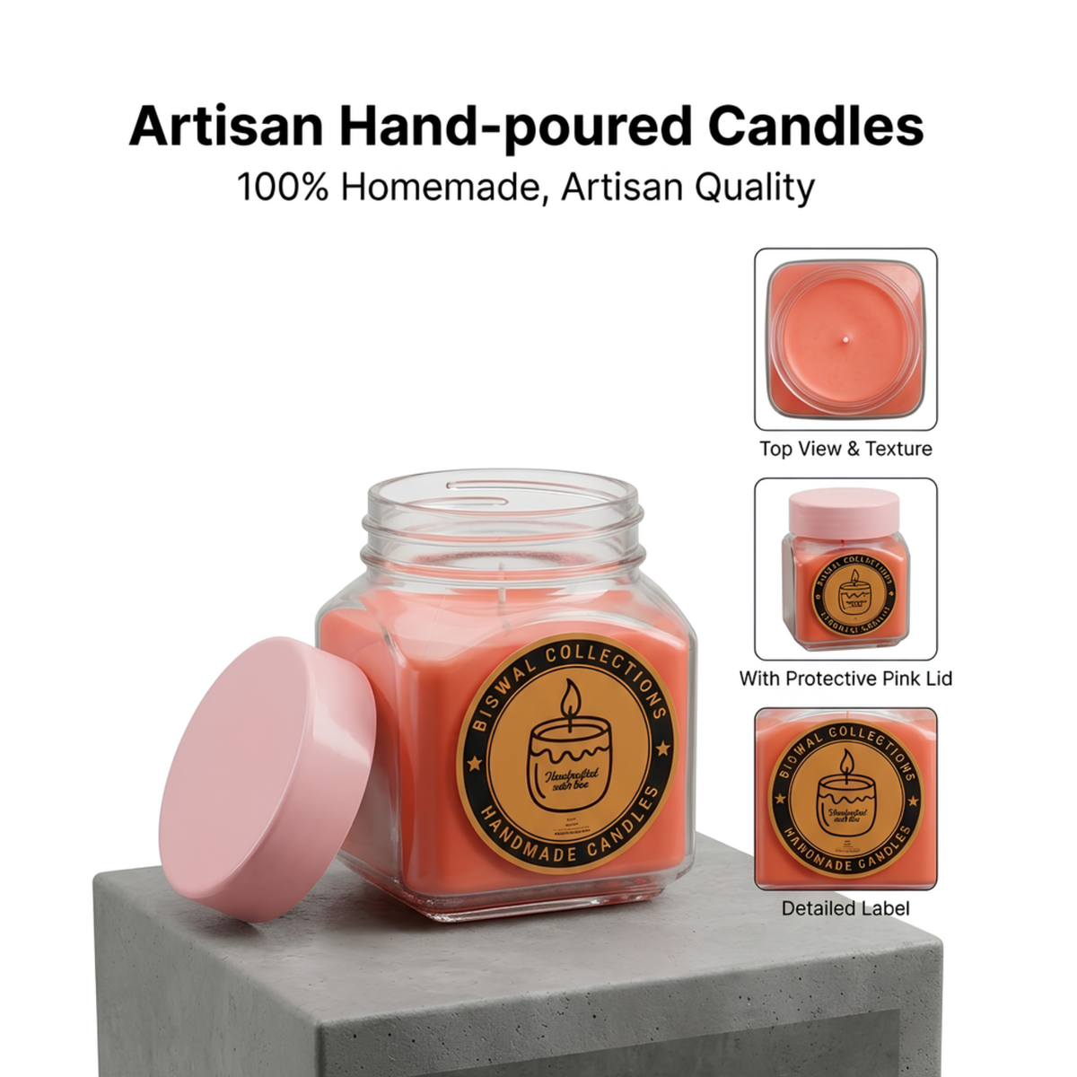 Biswal Collections Handmade Scented Candle Gift Box - Hand-Poured Glass Jar Candle with Lid