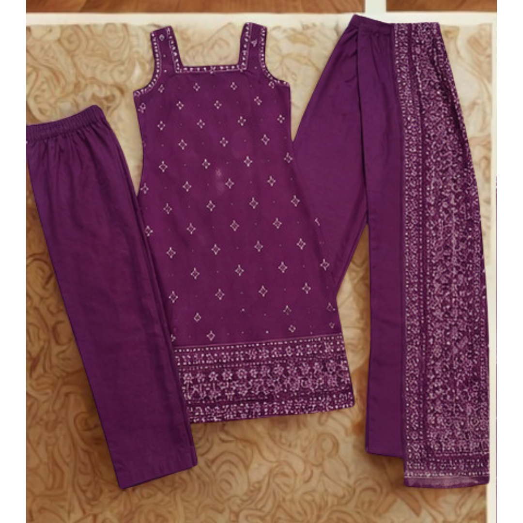 Women’s Purple Printed 3-Piece Ethnic Suit Set with Dupatta